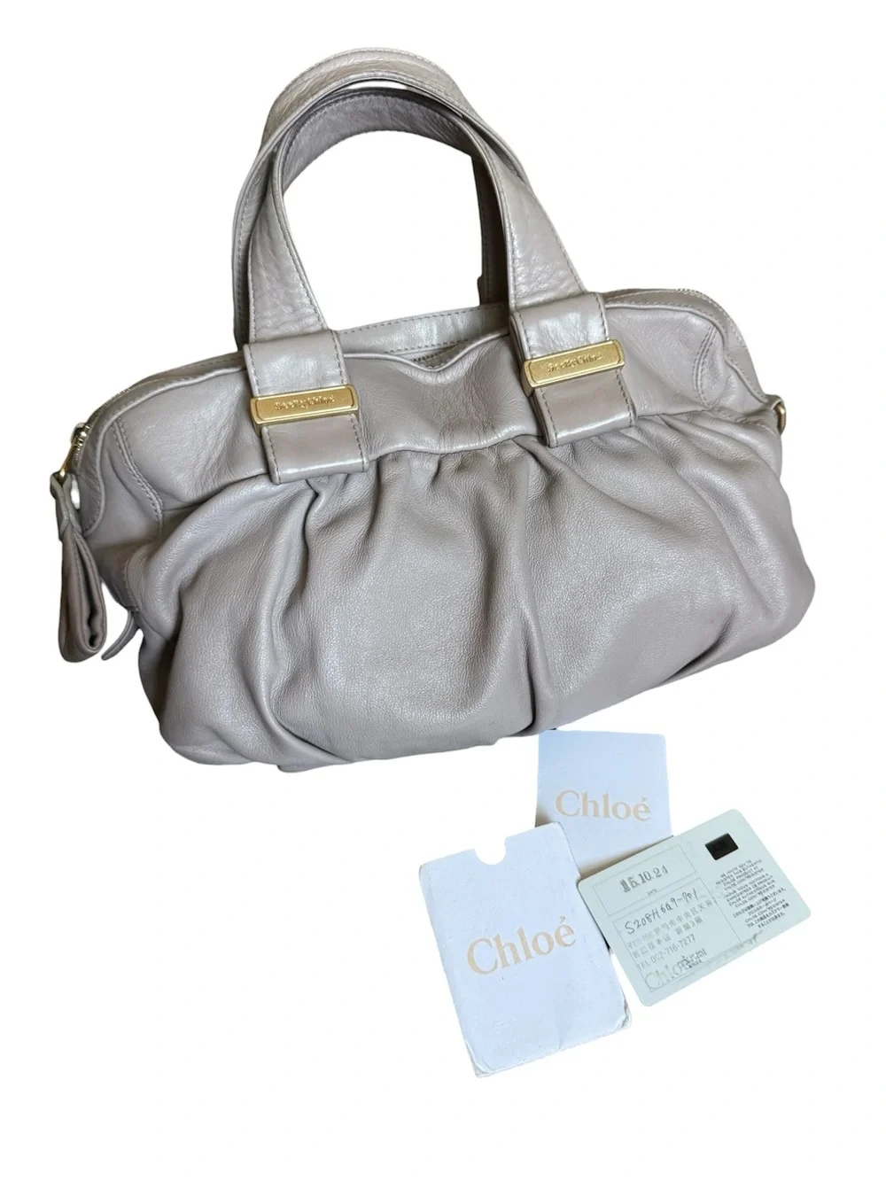 Authentic See by Chloé Taupe Leather Pleated Satchel Shoulder Bag - Picture 3 of 12